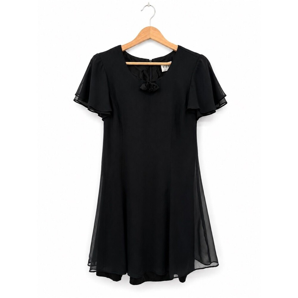 CDC Petites Black Dress Flutter Sleeve Flowy Mini Rosette Size 10P Vintage Y2K